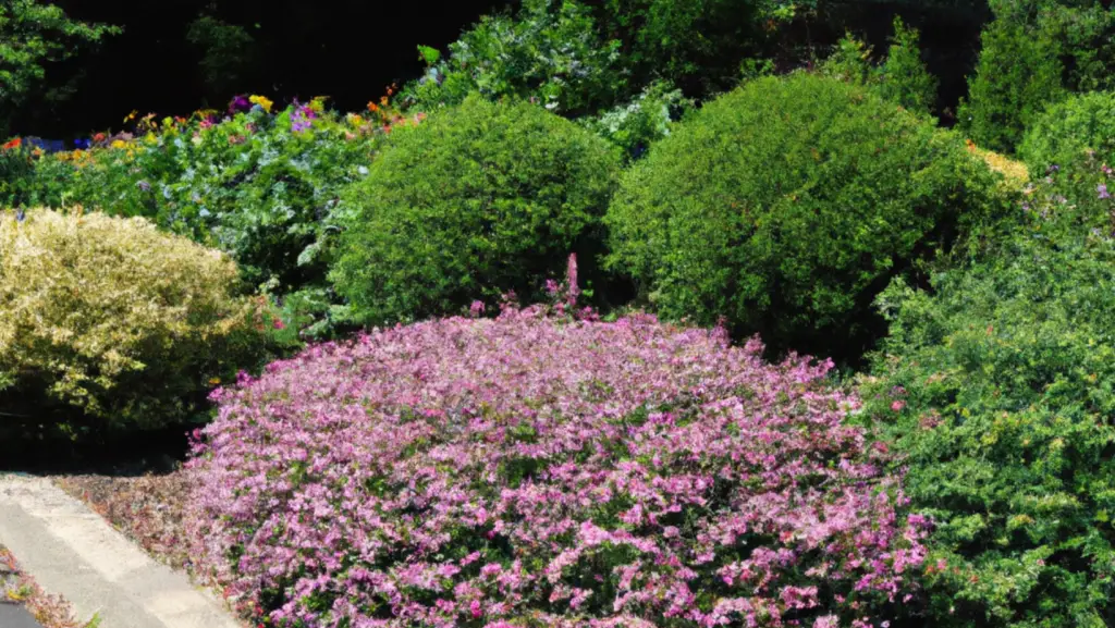 Dwarf flowering shrubs in a garden